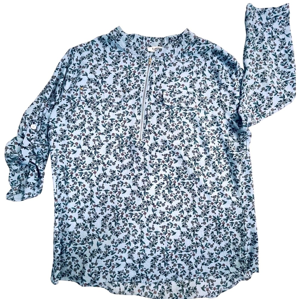 Lomon Womens Blue Floral Roll Tab Sleeve Quarter Zip Blouse Top XL